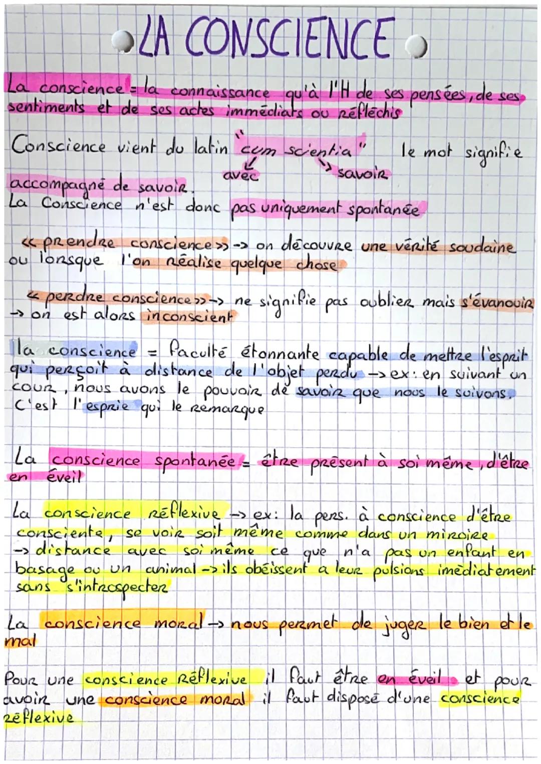 # LA CONSCIENCE

La conscience = la connaissance qu'à l'H de ses pensées, des
sentiments et de ses actes immédiats ou réfléchis

Conscience 