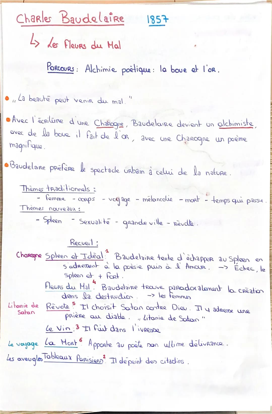 Charles Baudelaire
L> Les Fleurs du Mal
PARCOURS: Alchimie poètique: la boue et l'OR.
La beauté peut venir du mal.
"1
Themes traditionnels :