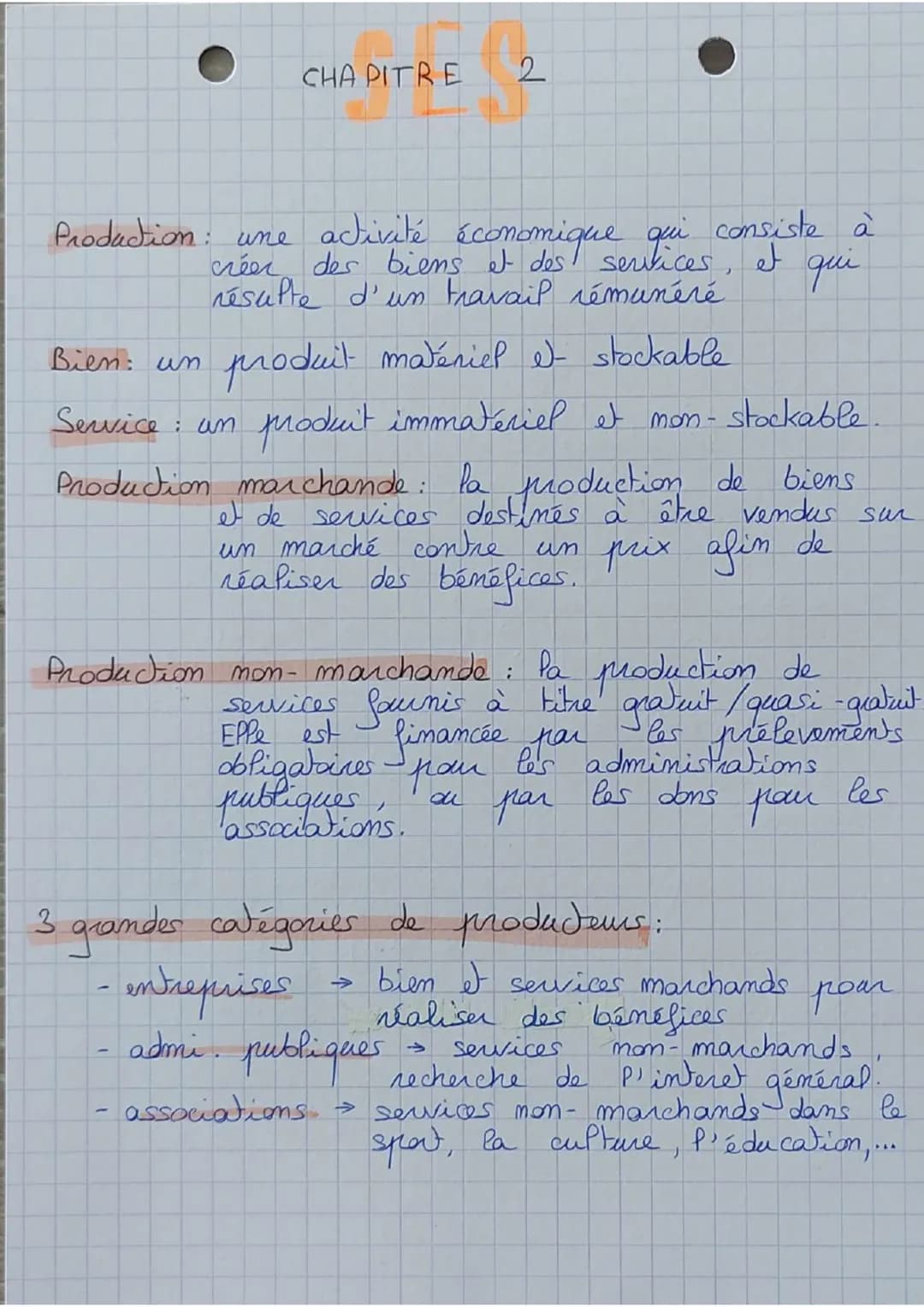 CHAPITRE 2
Production: une activité économique qui consiste à
créer des biens et des services, et qui
résulte d'un travail rémunéré
produit 