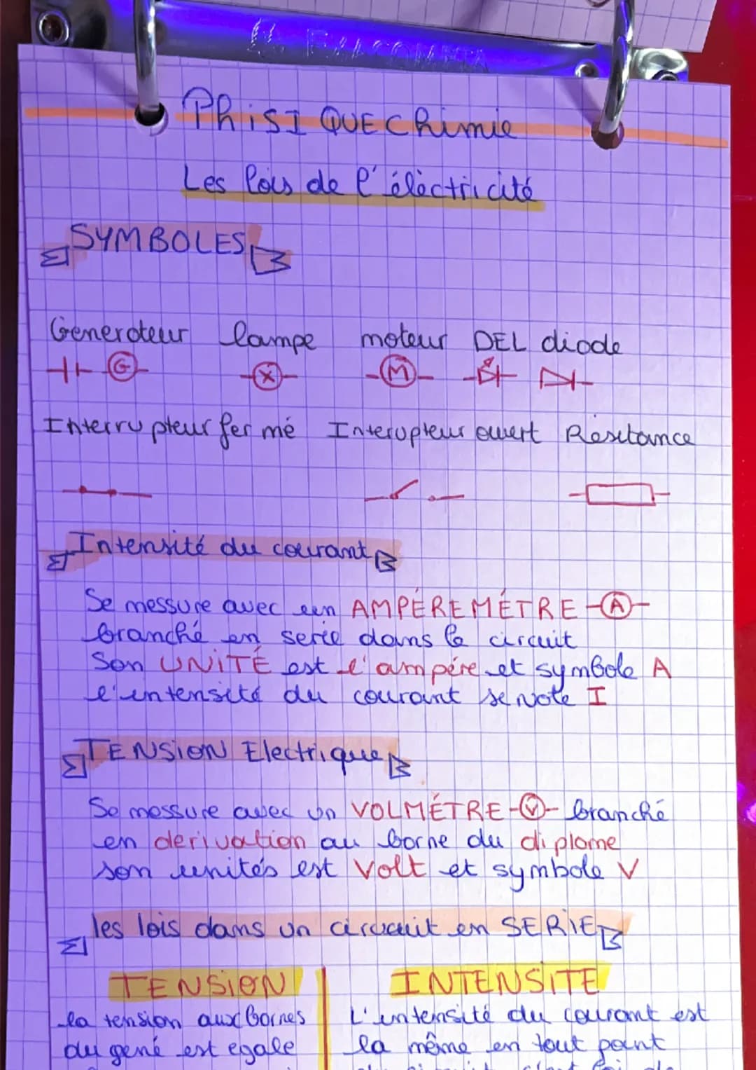 PhiSI QUE Chimie
Les lois de l'électricité
SYMBOLES
Generateur lampe moteur DEL diode
-M-4-
Interrupteur fer mé Interupteur owvert Resitance