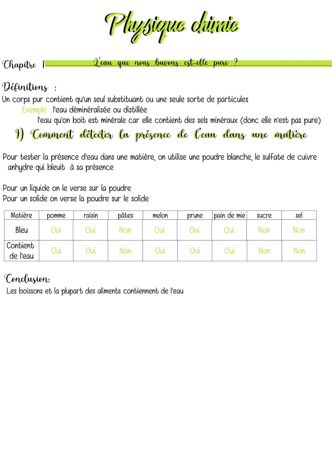 Chapitre 1
Définitions :
Un corps pur contient qu'un seul substituant ou une seule sorte de particules
Exemple: l'eau déminéralisée ou disti