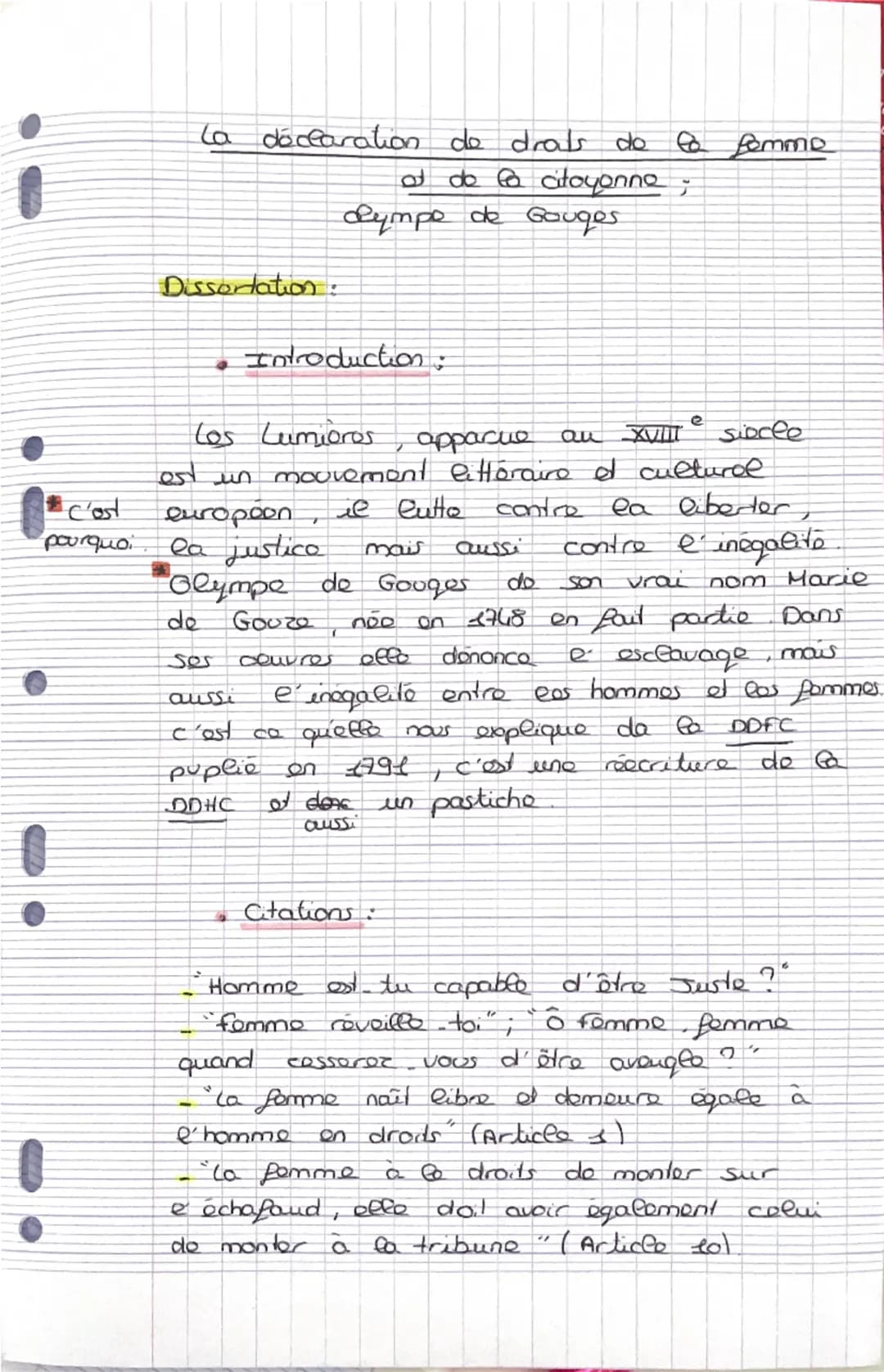 La déclaration de drats do to femme
at de la citoyenne.
Lympe de Gauges
Dissertation:
C'est
ρου ομοί
Introduction:
Los Lumioros
e
au XVIII
S