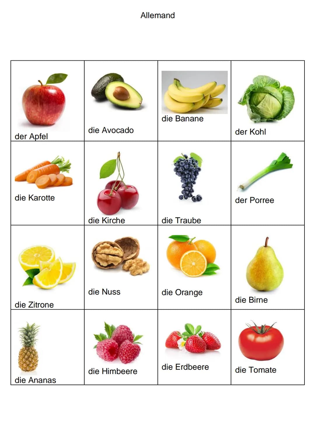 der Apfel
die Karotte
die Zitrone
die Ananas
die Avocado
die Kirche
die Nuss
die Himbeere
Allemand
die Banane
die Traube
die Orange
die Erdb