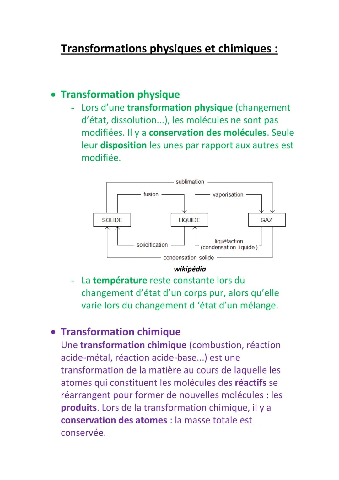 Transformations physiques et chimiques :
• Transformation physique
- Lors d'une transformation physique (changement
d'état, dissolution...),
