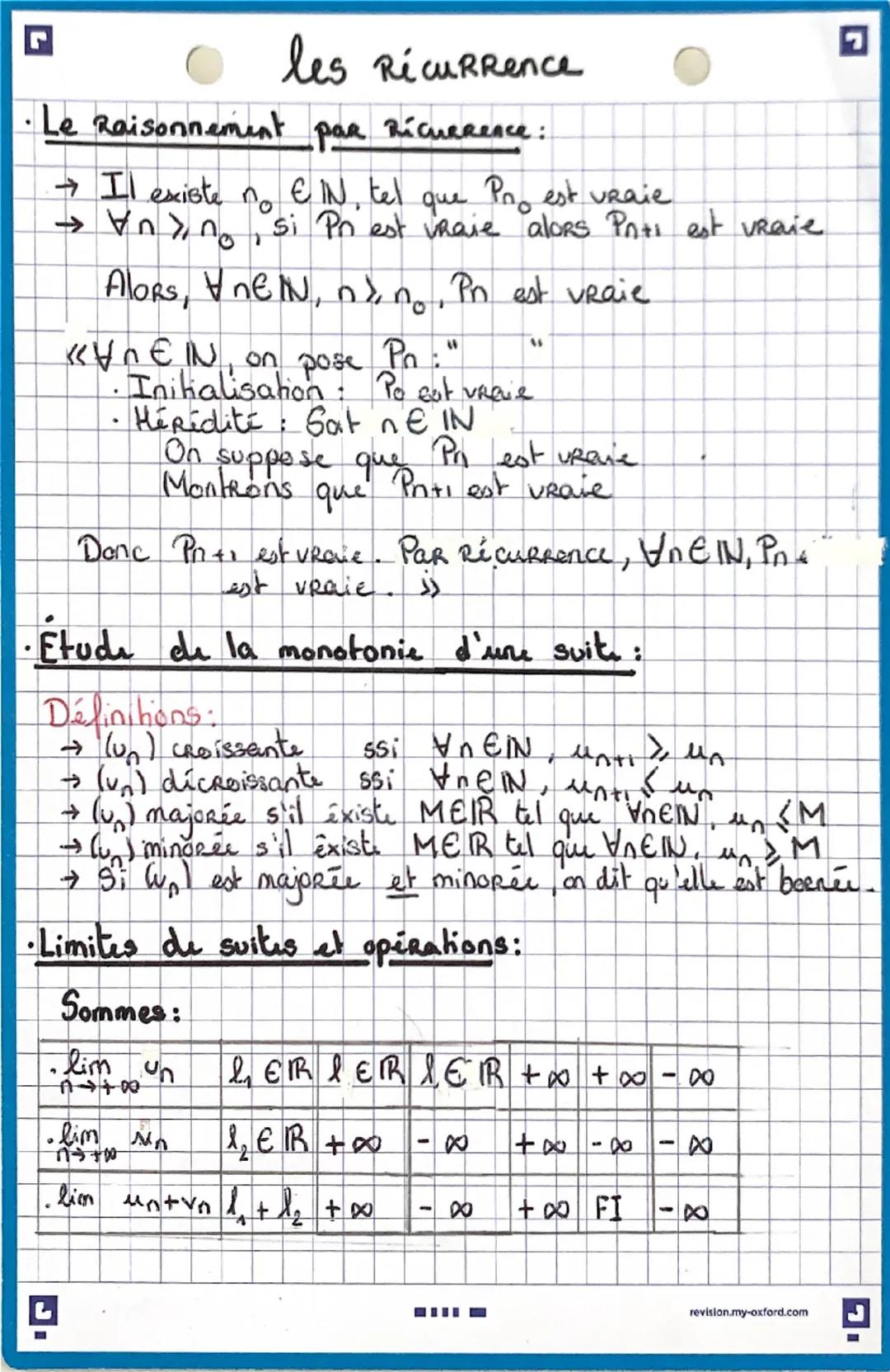 les Récurrence
Le Raisonnement par Rícurrence:
→Il existe no € IN, tel que Pro est vraie
si Pn est vraie alors Pr+i est vraie
Alors, VnEN, n