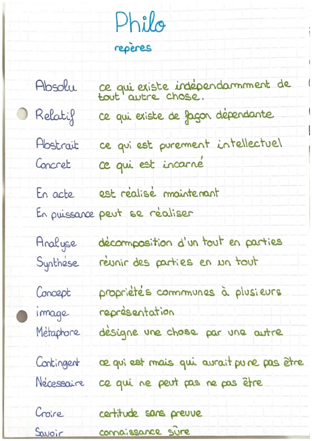 Absolu
Relatif
Abstrait
Concret
Analyse
Synthese
Philo
repères
En acte
En puissance peut se réaliser
Contingent
Nécessaire
ce qui existe ind