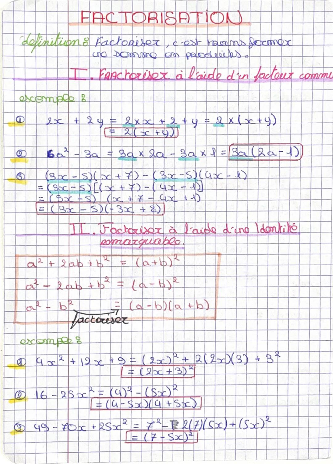 # FACTORISATION

*Définition* :
Factoriser, c'est mettre sous forme de produit de facteurs un nombre ou une expression.

I. Factoriser à l'a
