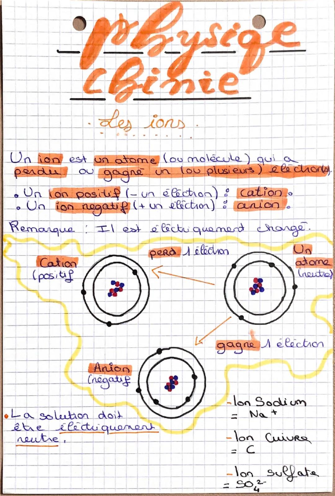 physige
chinie
Les ions
Un ion est un atome lou molécule) qui a
perder ou
ou gagné un (ou plusieurs) elechonly).
0
• Un lon positif (-un éle