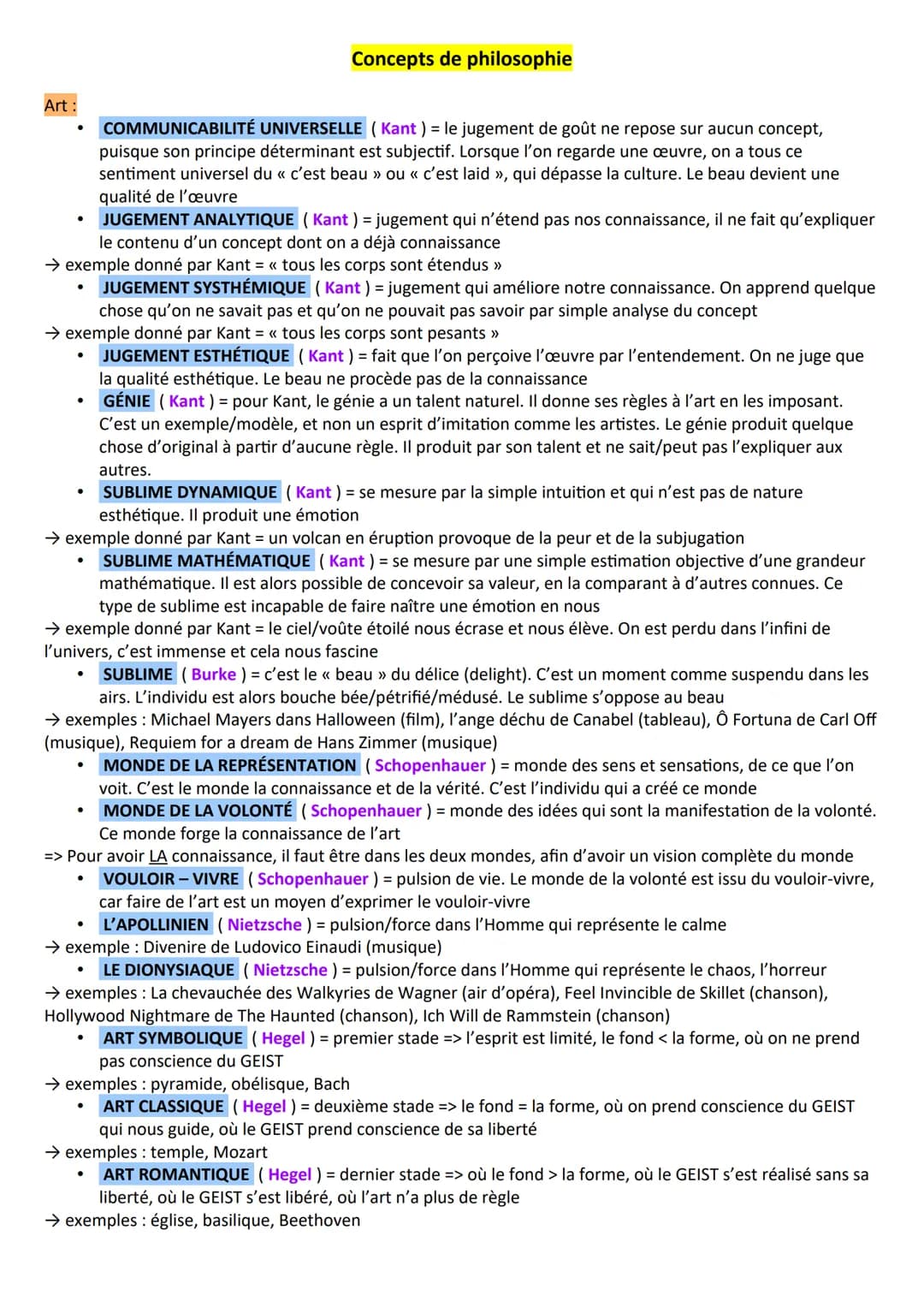 Art:
●
Concepts de philosophie
JUGEMENT ANALYTIQUE (Kant) = jugement qui n'étend pas nos connaissance, il ne fait qu'expliquer
le contenu d'
