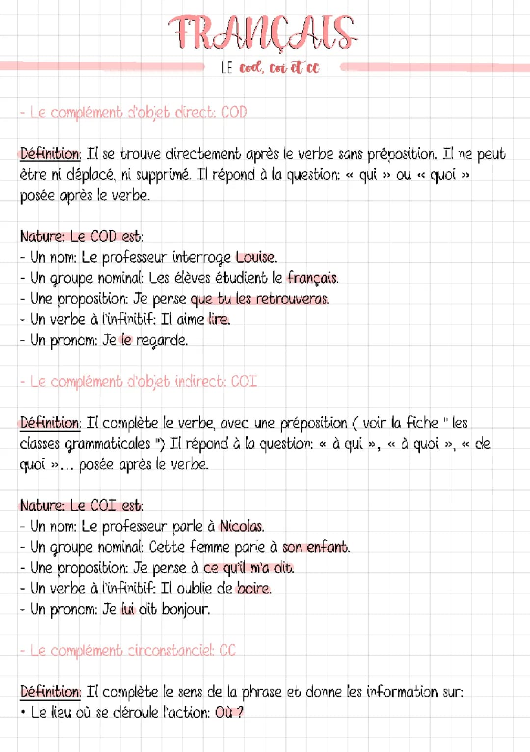 Français: le COD, COI et CC