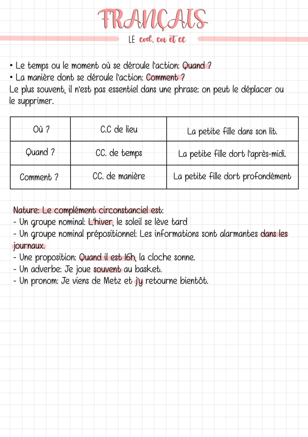 - Le complément d'objet direct: COD
Définition: Il se trouve directement après le verbe sans préposition. Il ne peut
être ni déplacé, ni sup
