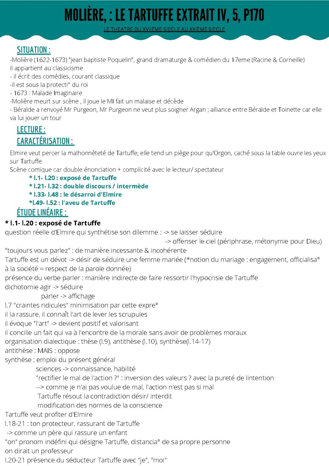 Analyse linéaire Tartuffe et Le Malade imaginaire - Fiche de lecture PDF