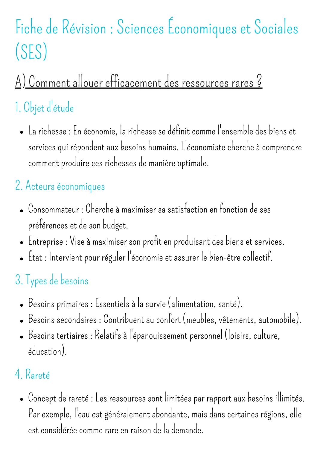 Fiche de Révision: Sciences Économiques et Sociales
(SES)
A) Comment allouer efficacement des ressources rares?
1. Objet d'étude
. La riches