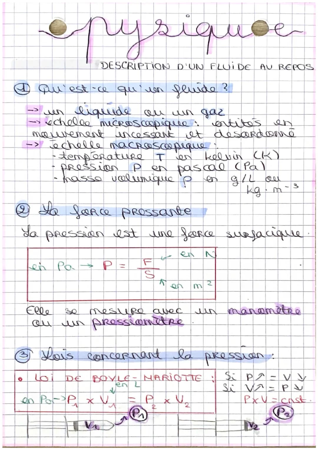 pysique
DESCRIPTION D'UN FLUIDE AU REPOS
④Qu'est-ce qu'un fluide ?
- un liquide ou un gaz
леп
→chelle microscopique: entites in
mouvement in