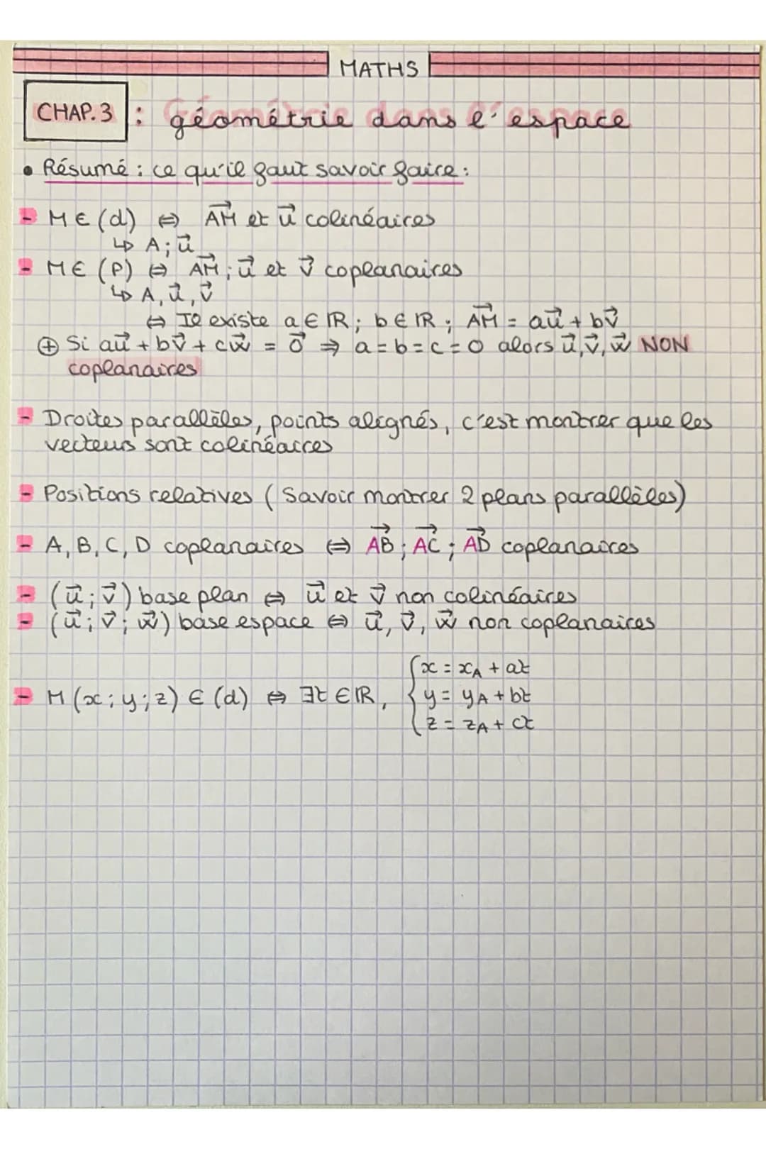 MATHS
CHAP. 3: géométrie dans l'espace
• Résumé : ce qu'il faut savoir faire:
ME (d) =) AH et u colinéaires
↳ A; u
= ME (P) & AM; i et ✓ cop