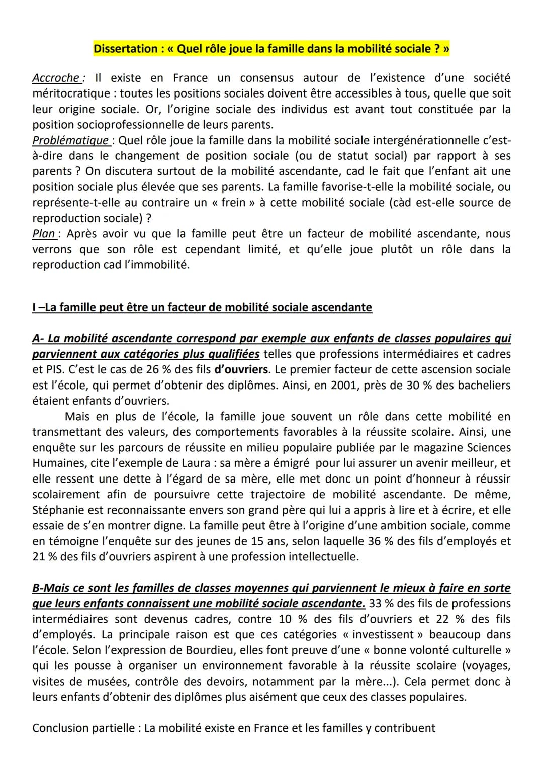 Dissertation : « Quel rôle joue la famille dans la mobilité sociale ? »
Accroche: Il existe en France un consensus autour de l'existence d'u