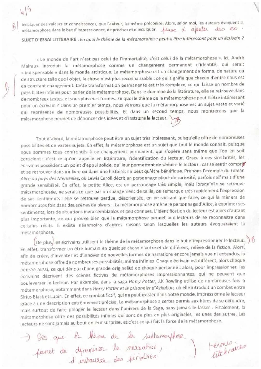 Sujet HLP métamorphose du moi corrigé - Exemple essai littéraire facile