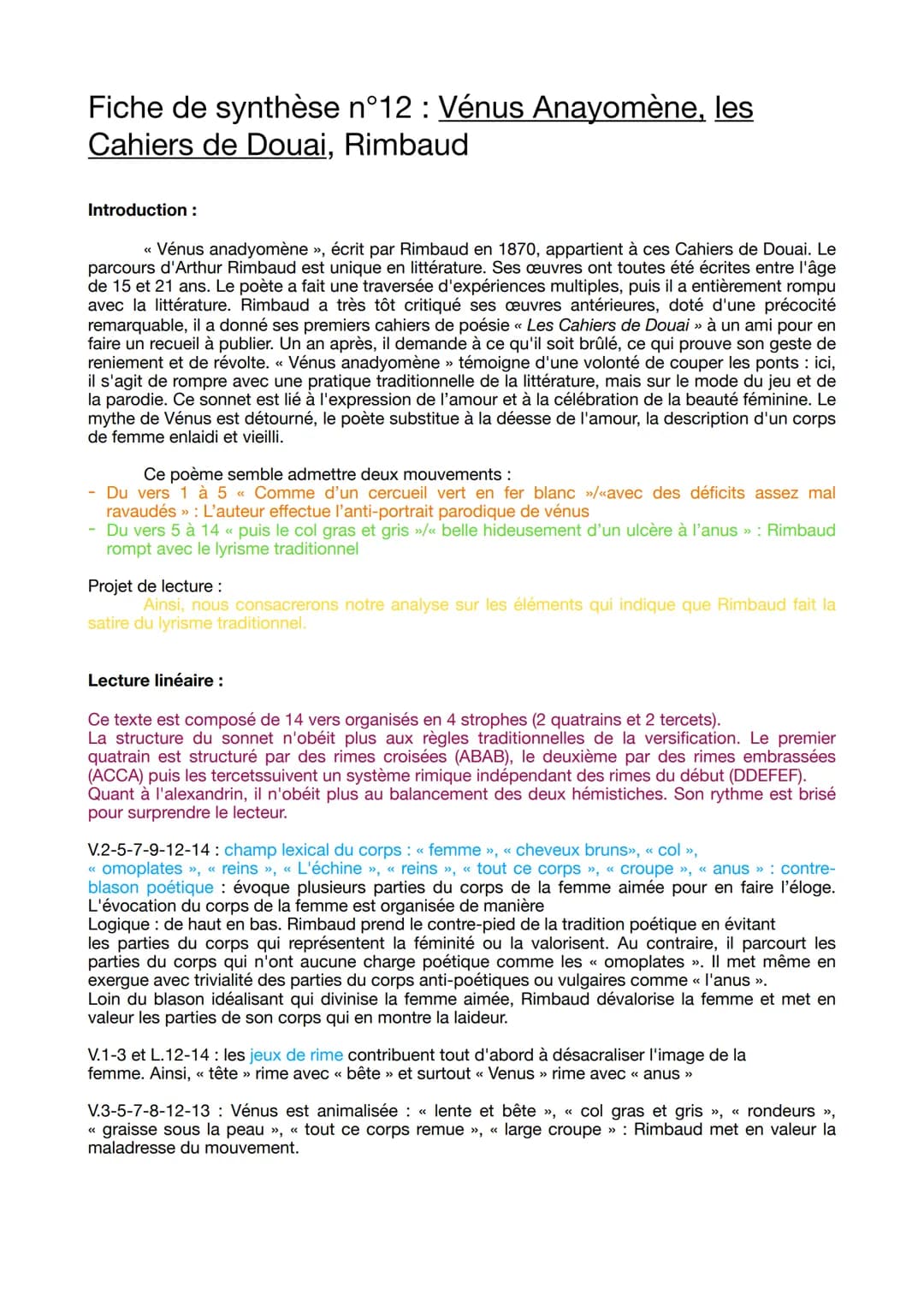 Fiche de synthèse n°12 : Vénus Anayomène, les
Cahiers de Douai, Rimbaud
Introduction :
<<Vénus anadyomène »>, écrit par Rimbaud en 1870, app