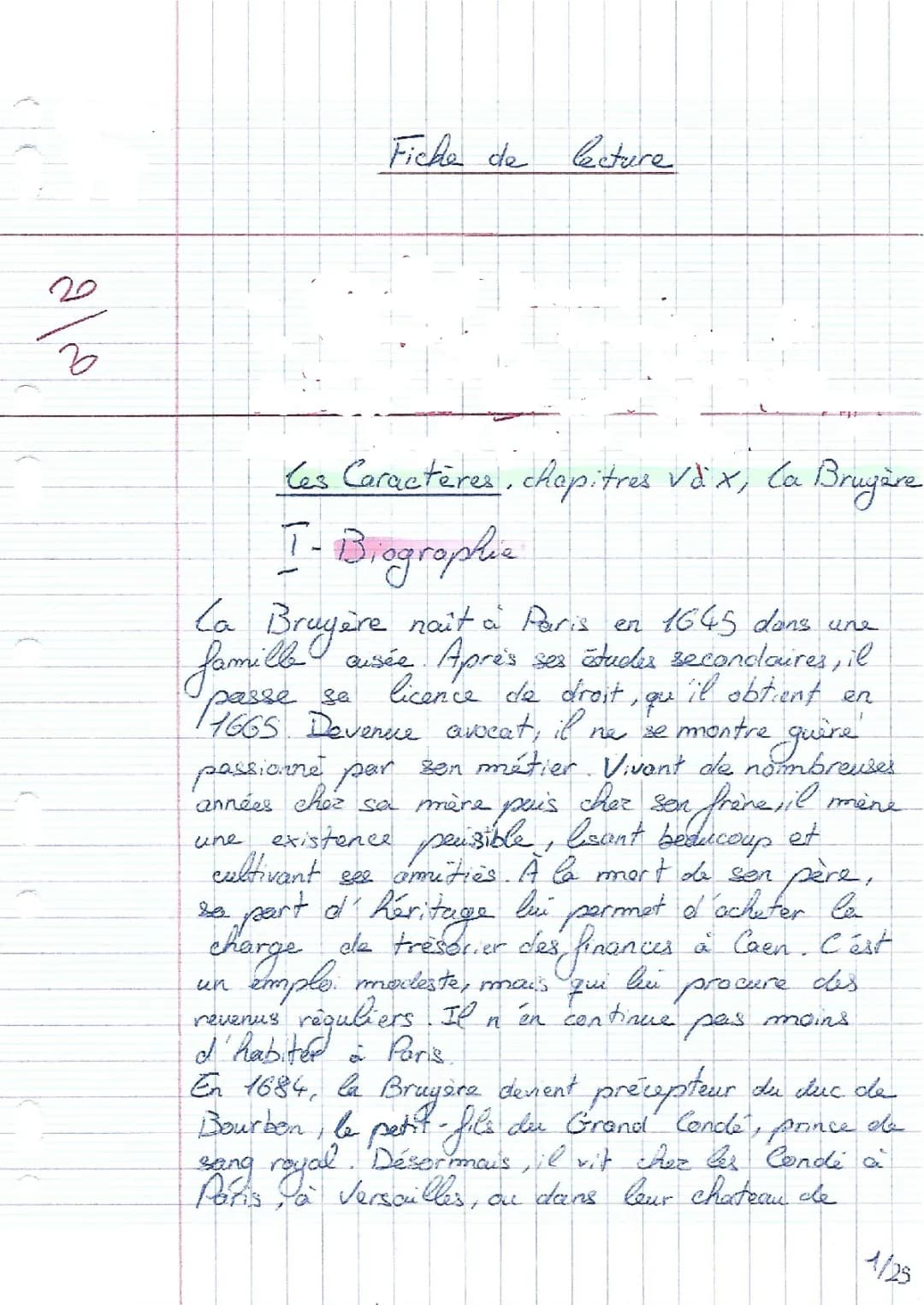 Biographie de La Bruyère et Résumé des Caractères - PDF pour le Bac