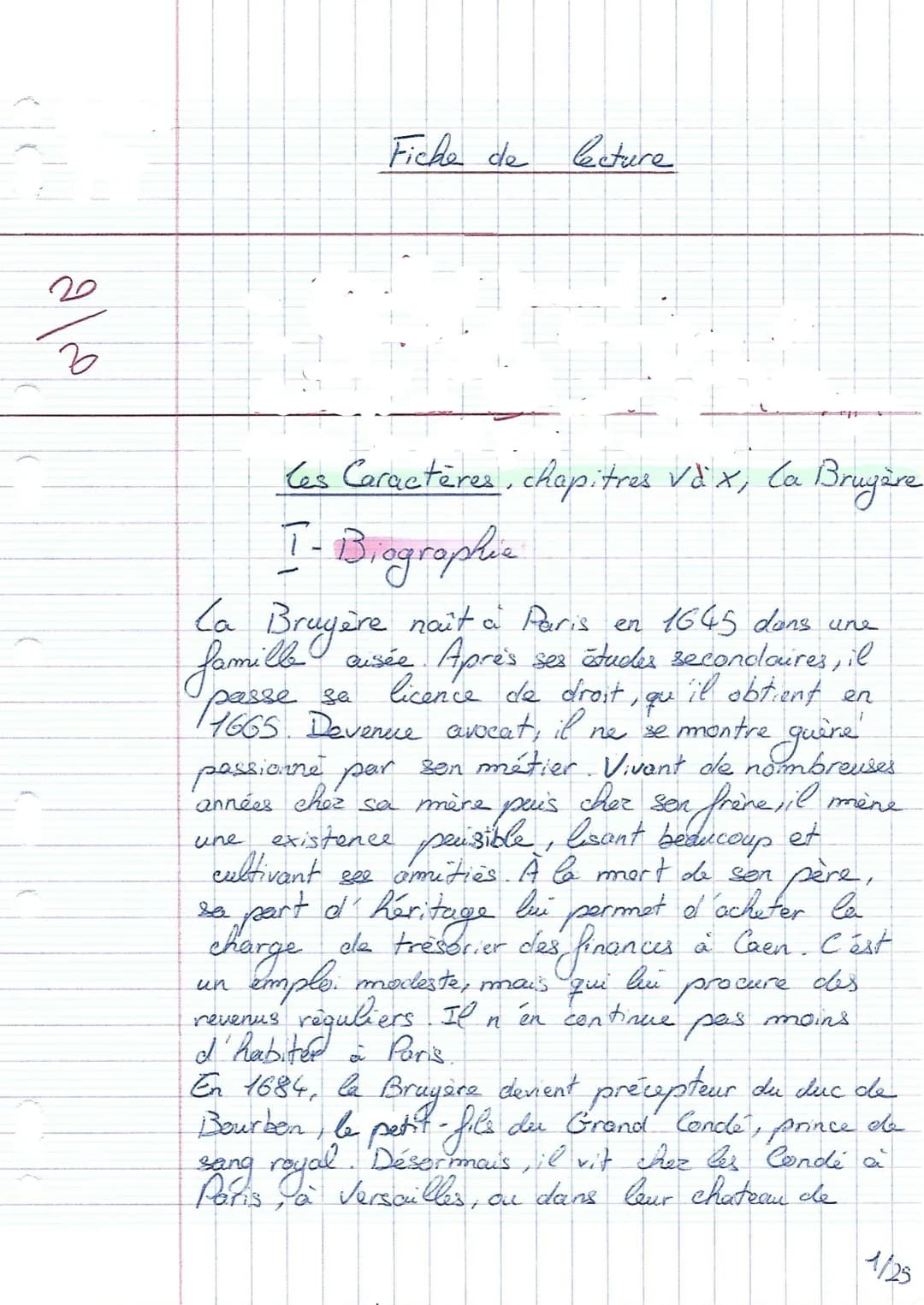 
<p>La Bruyère est né à Paris en 1645 dans une famille aisée. Après ses études secondaires, il obtient sa licence de droit, et devient avoca