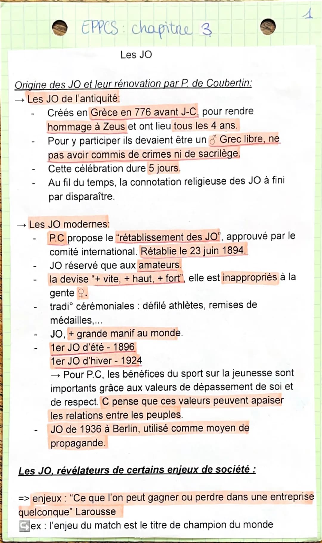 1
EPPCS: chapitre 3
Les JO
Origine des JO et leur rénovation par P. de Coubertin:
→ Les JO de l'antiquité:
→>
-
Créés en Grèce en 776 avant 