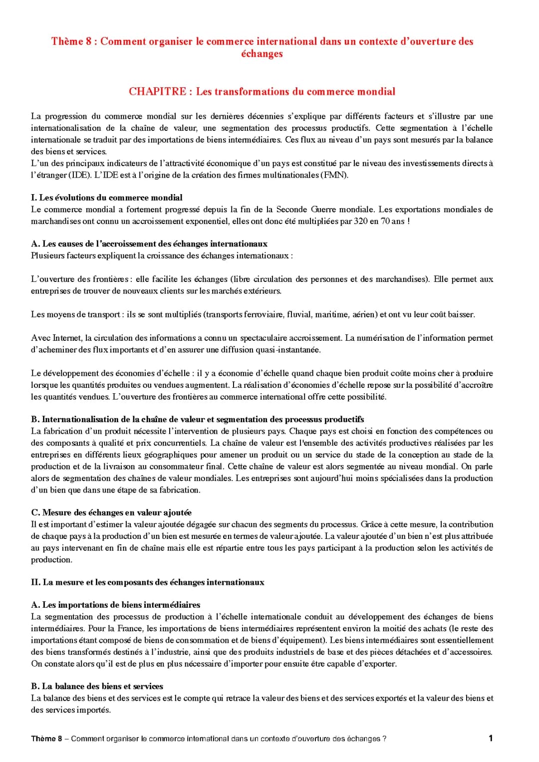 synthèse thème 8 "organiser le commerce international dans un contexte d'ouverture d'échanges"