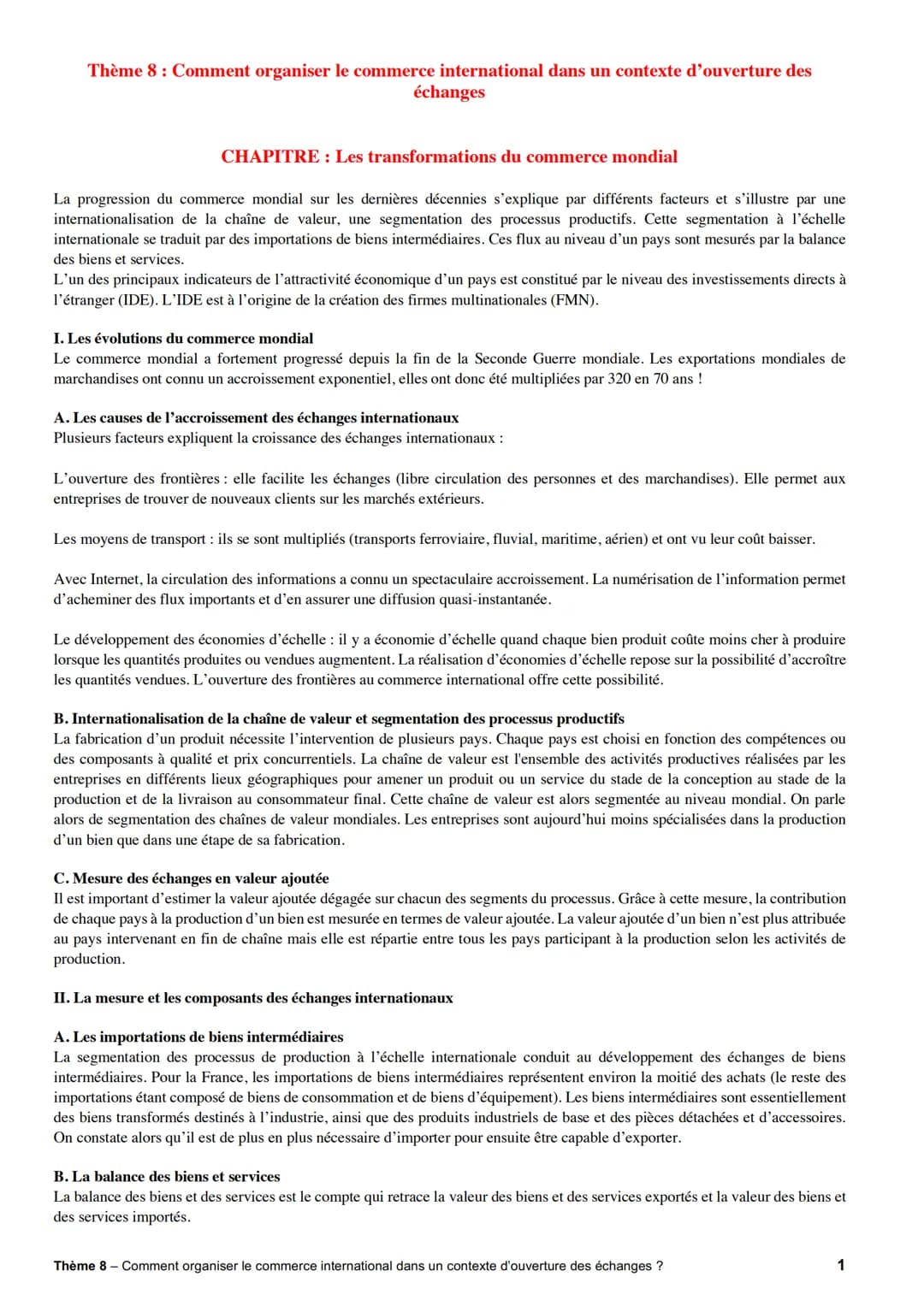 Thème 8: Comment organiser le commerce international dans un contexte d'ouverture des
échanges
CHAPITRE : Les transformations du commerce mo
