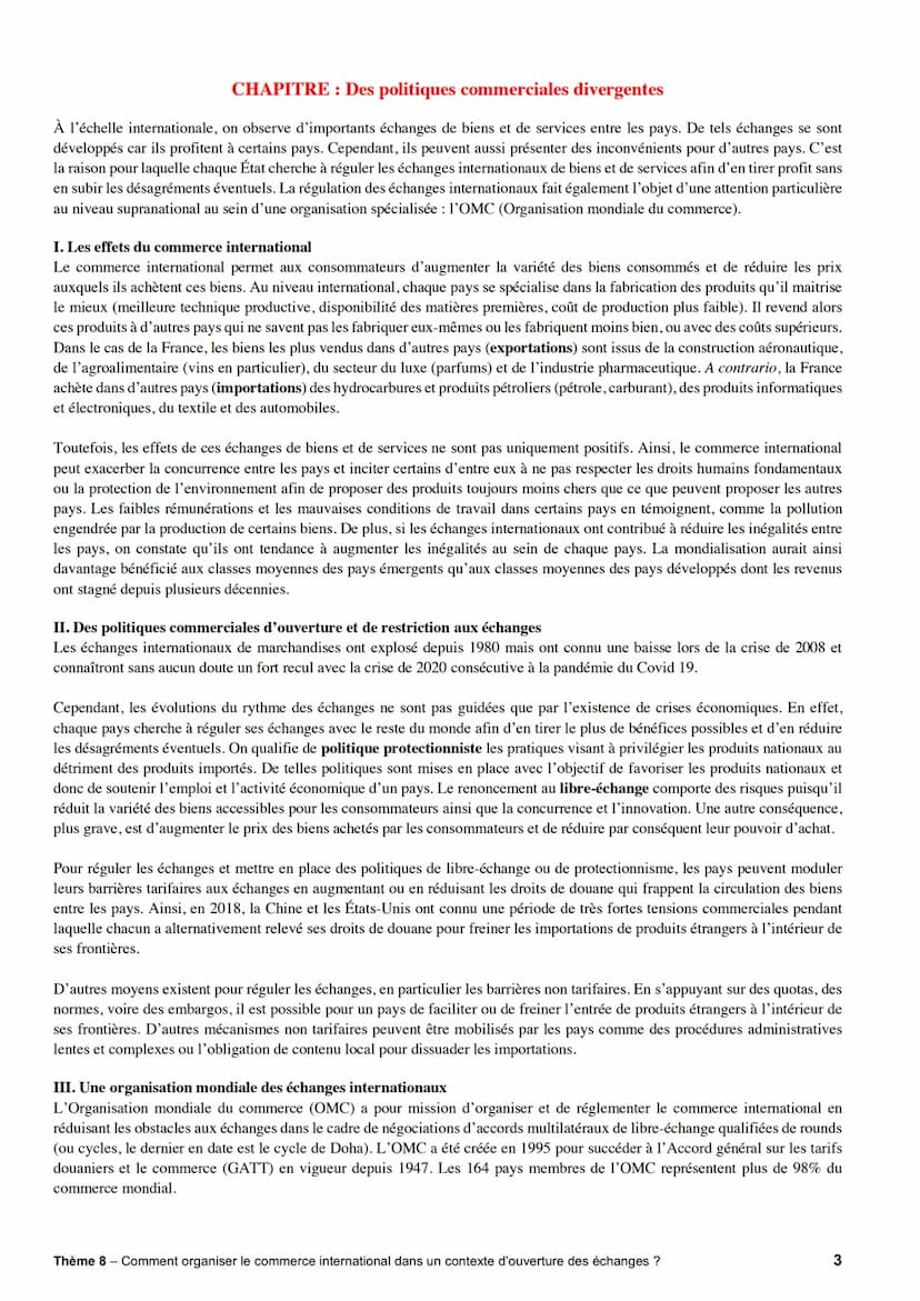 Thème 8: Comment organiser le commerce international dans un contexte d'ouverture des
échanges
CHAPITRE : Les transformations du commerce mo