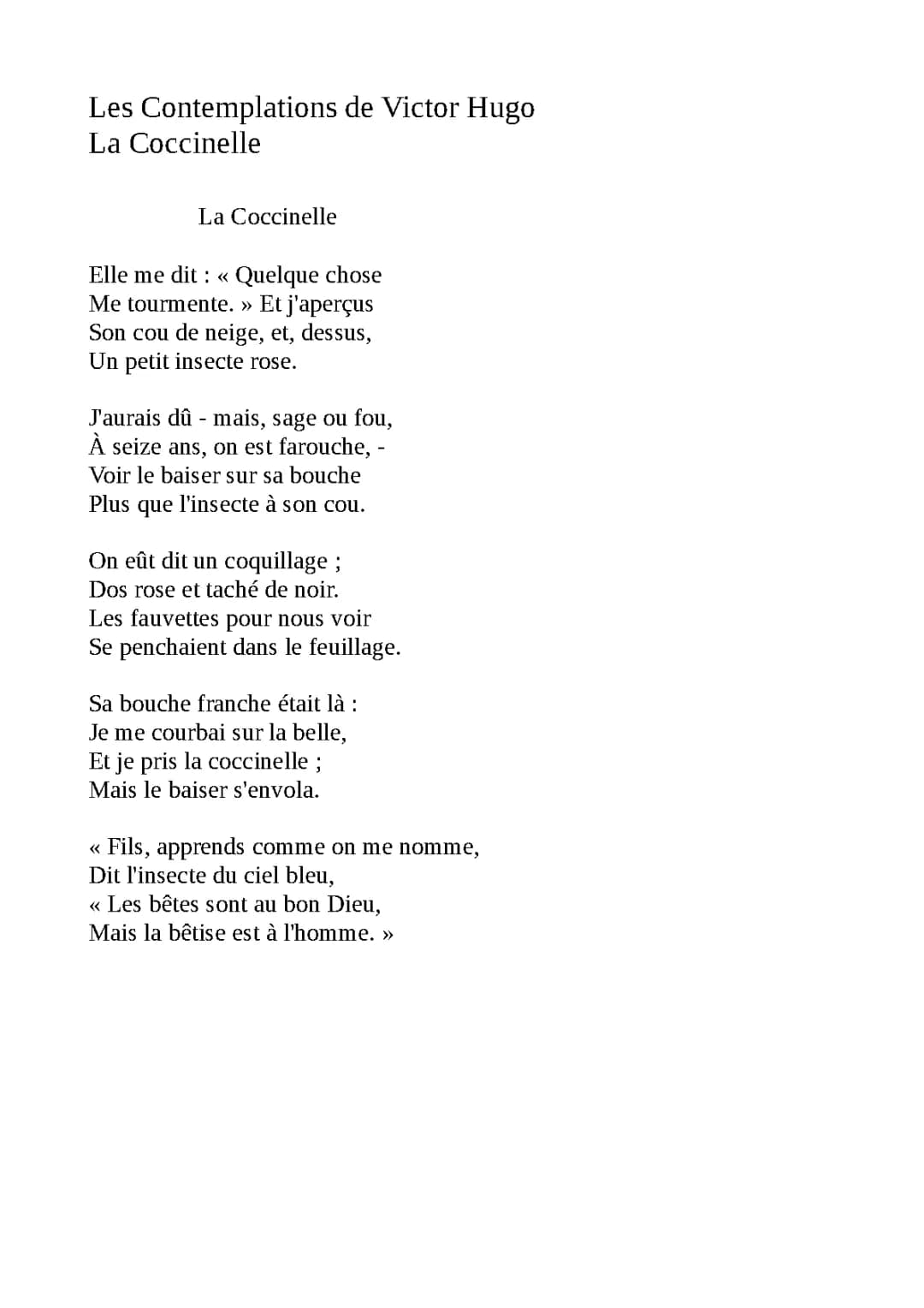 Analyse linéaire La coccinelle de Victor Hugo 