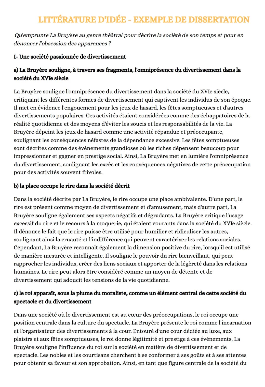 LITTÉRATURE D'IDÉE - EXEMPLE DE DISSERTATION
Qu'emprunte La Bruyère au genre théâtral pour décrire la société de son temps et pour en
dénonc