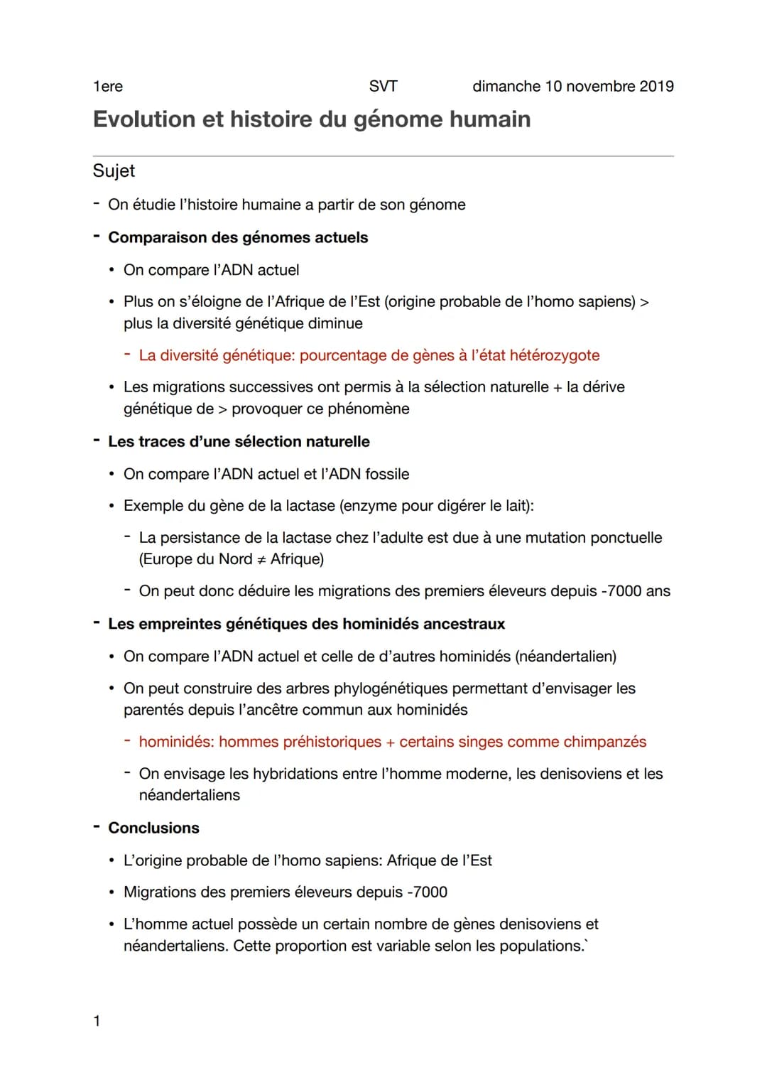 1ere
SVT
Evolution et histoire du génome humain
Sujet
On étudie l'histoire humaine a partir de son génome
Comparaison des génomes actuels
• 