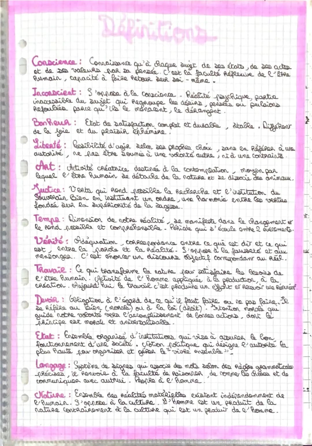 Definitions
Conscience: Connaissance qu'à chaque sujet de ses états, de ses actes
et de ses valeurs par sa pensée. C'est la faculté Réflexiv