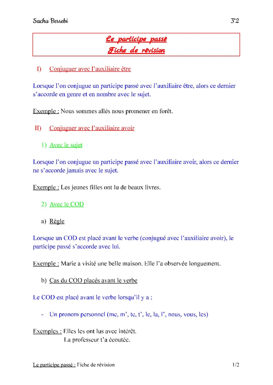 Français - LE PARTICIPE PASSÉ 