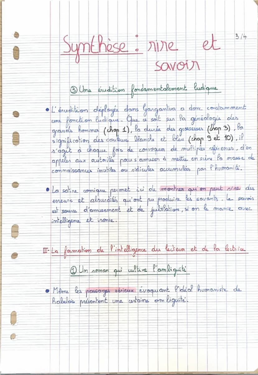 ③ Gargantua cultive l'ambiguïté
pour former l'intelligence du Eecteur
-Em soulignant les limites
des lectures qui cherchent un
savoir tout
B