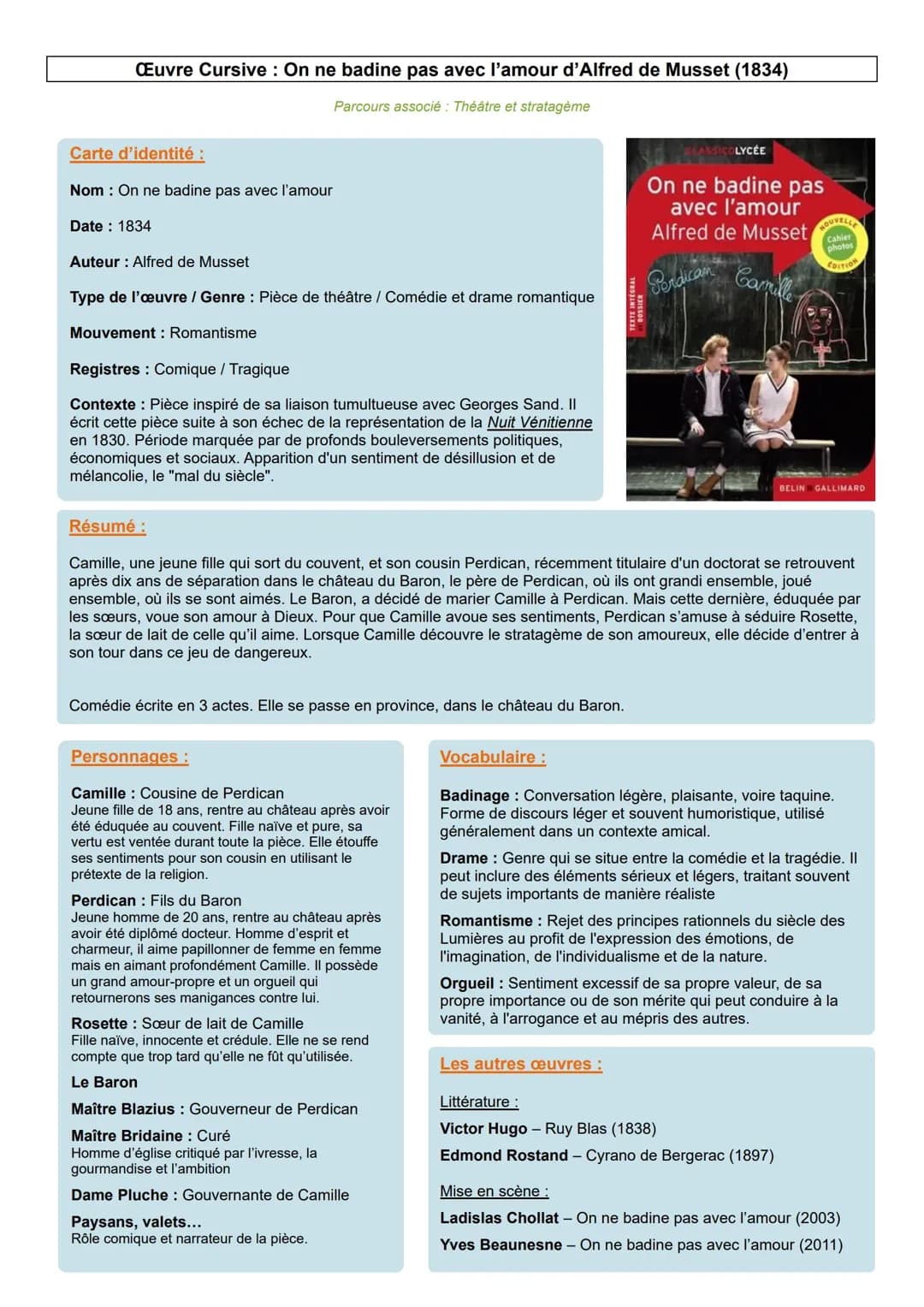 Fiche de lecture - On ne badine pas avec l'amour PDF, Résumé, Personnages, Thèmes, Citations