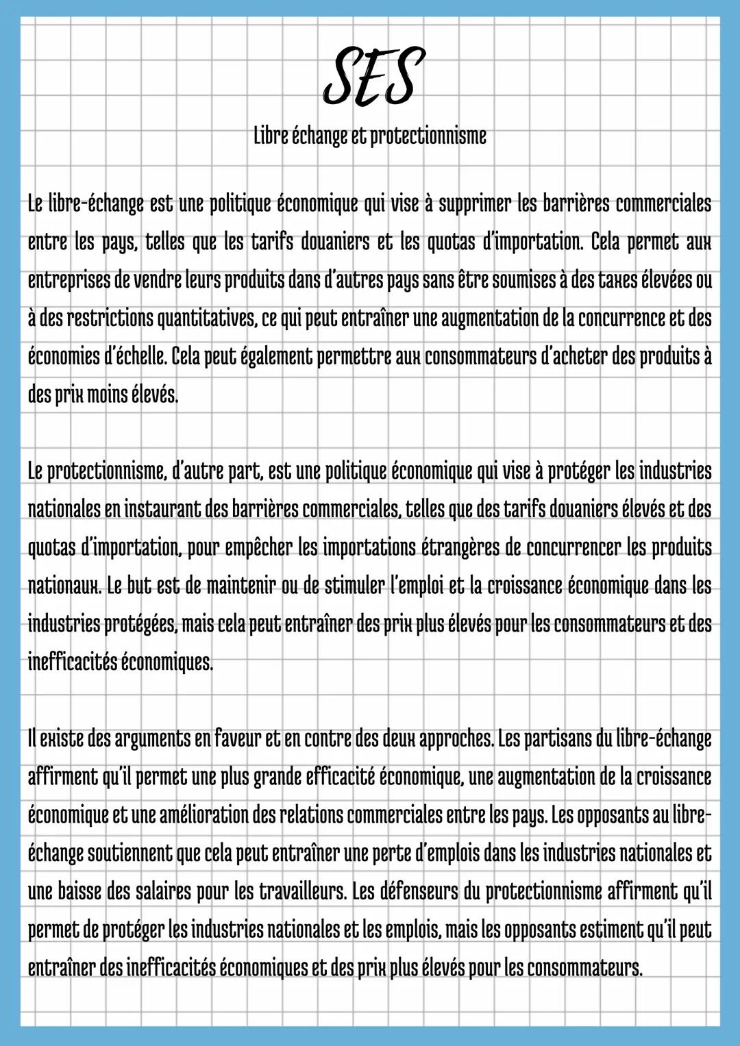 # SES
Libre échange et protectionnisme

Le libre-échange est une politique économique qui vise à supprimer les barrières commerciales
entre 