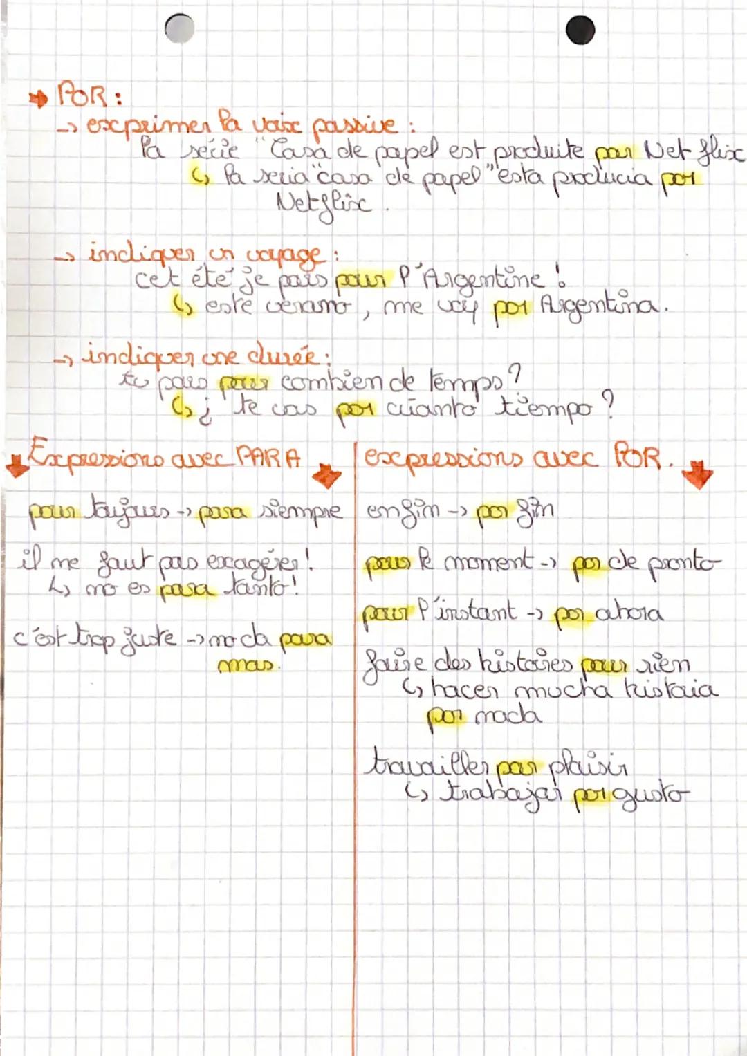 Español
-> quand les utiliser ?
• Por - pour expemer on moyen ou une cause
Para → pour exprimer one finalité au
-
ou un futur objectif.
4, i