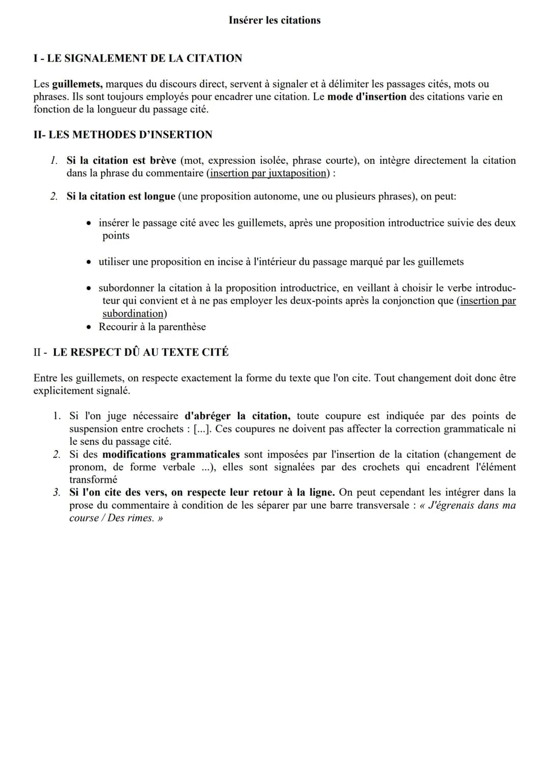 Insérer les citations
I - LE SIGNALEMENT DE LA CITATION
Les guillemets, marques du discours direct, servent à signaler et à délimiter les pa