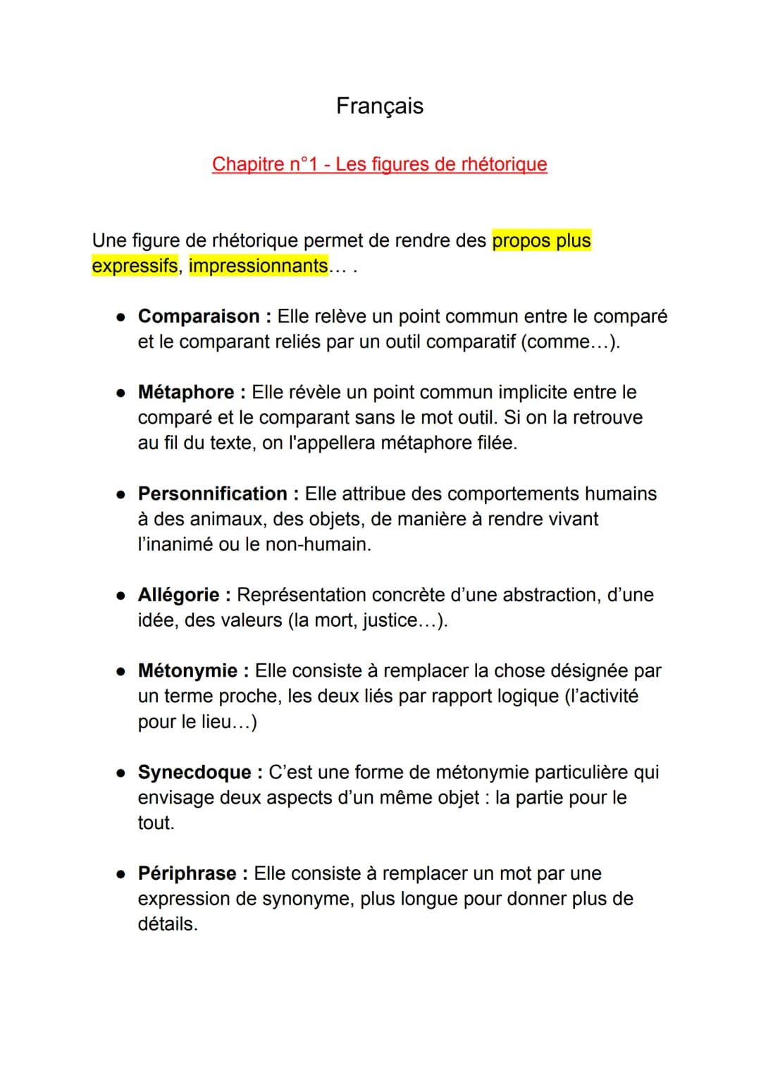 Français
Chapitre n°1 - Les figures de rhétorique
Une figure de rhétorique permet de rendre des propos plus
expressifs, impressionnants....
