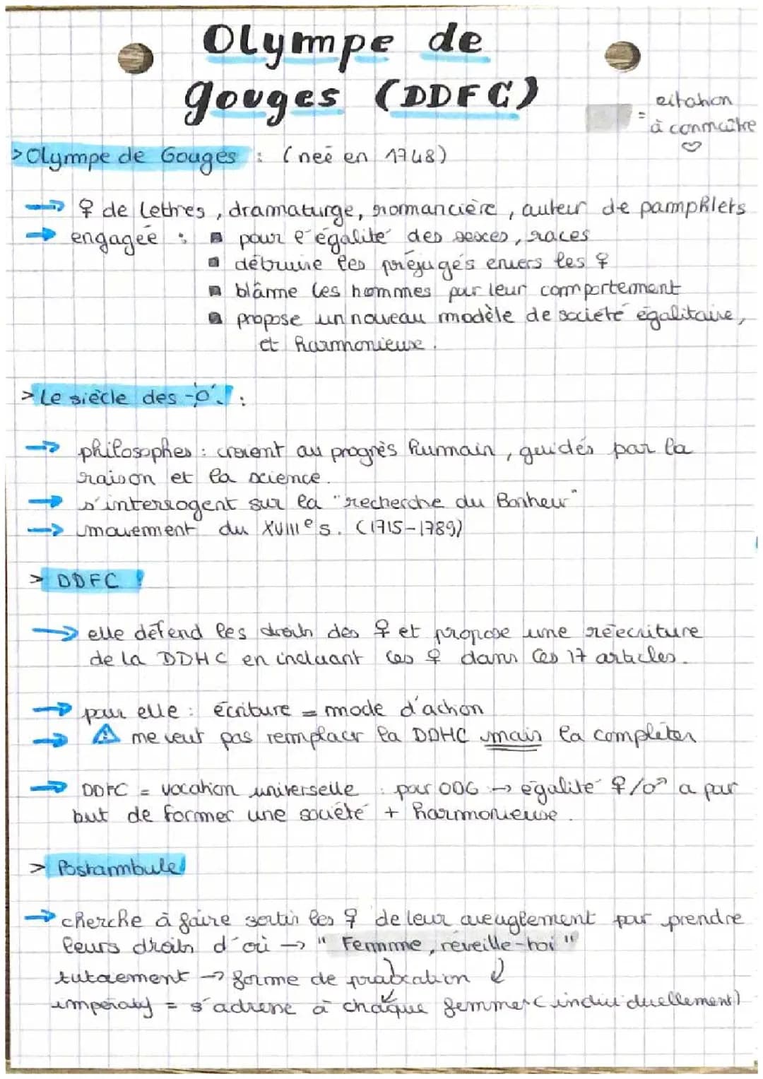 Dissertation Olympe de Gouges corrigé PDF: Fiche et Plan Type Bac 1ère