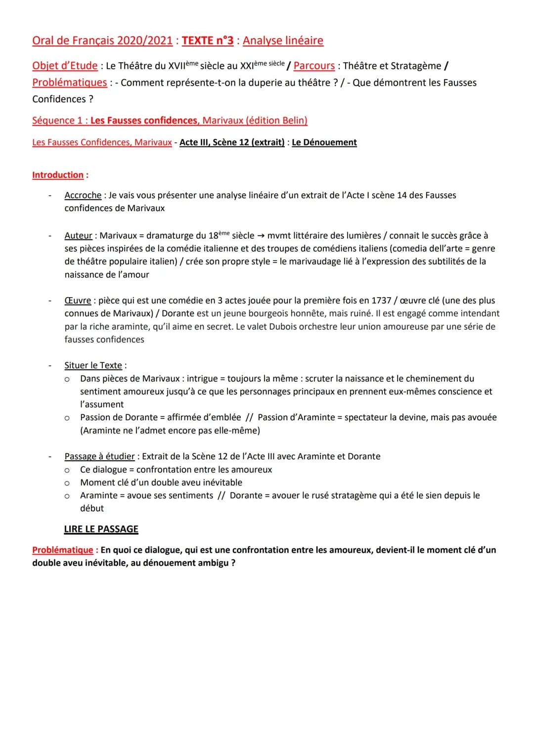 Oral de Français 2020/2021: TEXTE n°3: Analyse linéaire
Objet d'Etude: Le Théâtre du XVIIème siècle au XXIème siècle / Parcours: Théâtre et 