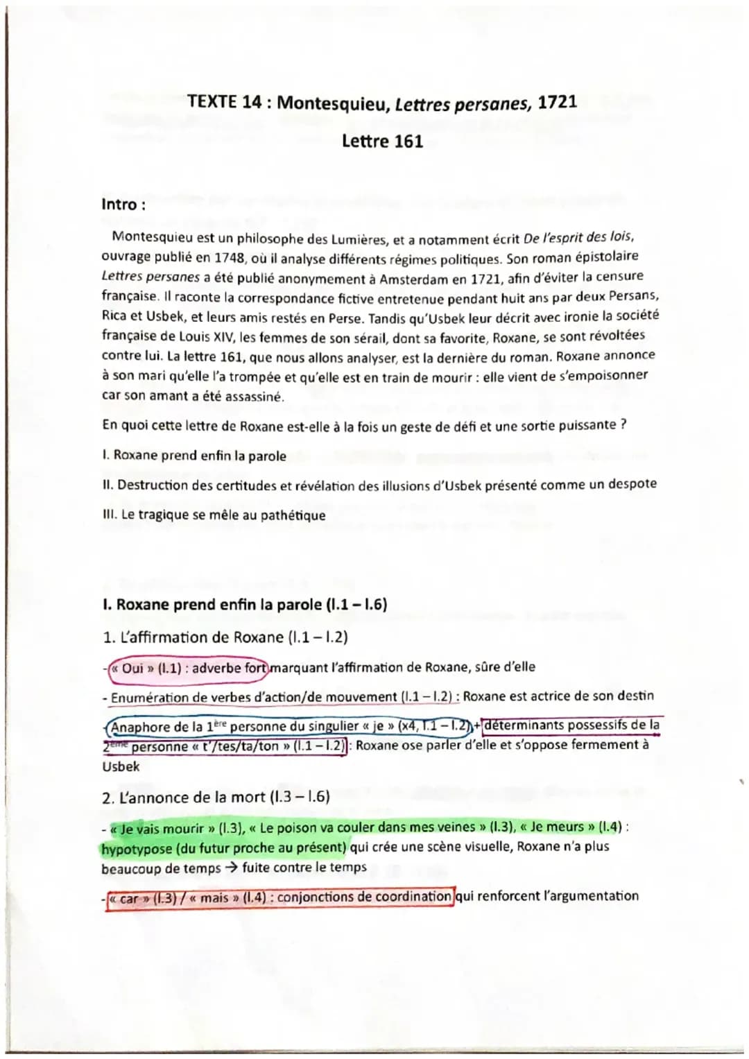 analyse linéaire de la lettre 161 des Lettres persanes