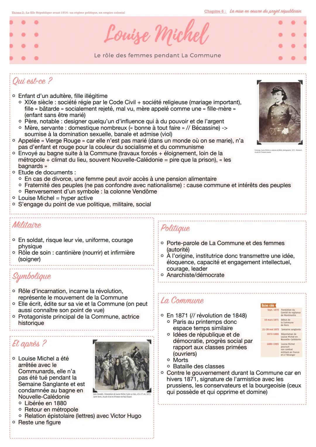 Thime 3: La lle te
D
que avant 1914 un rég
Chapitre 6: La mise en oeuvre du projet républicain

# Louise Michel

Le rôle des femmes pendant 
