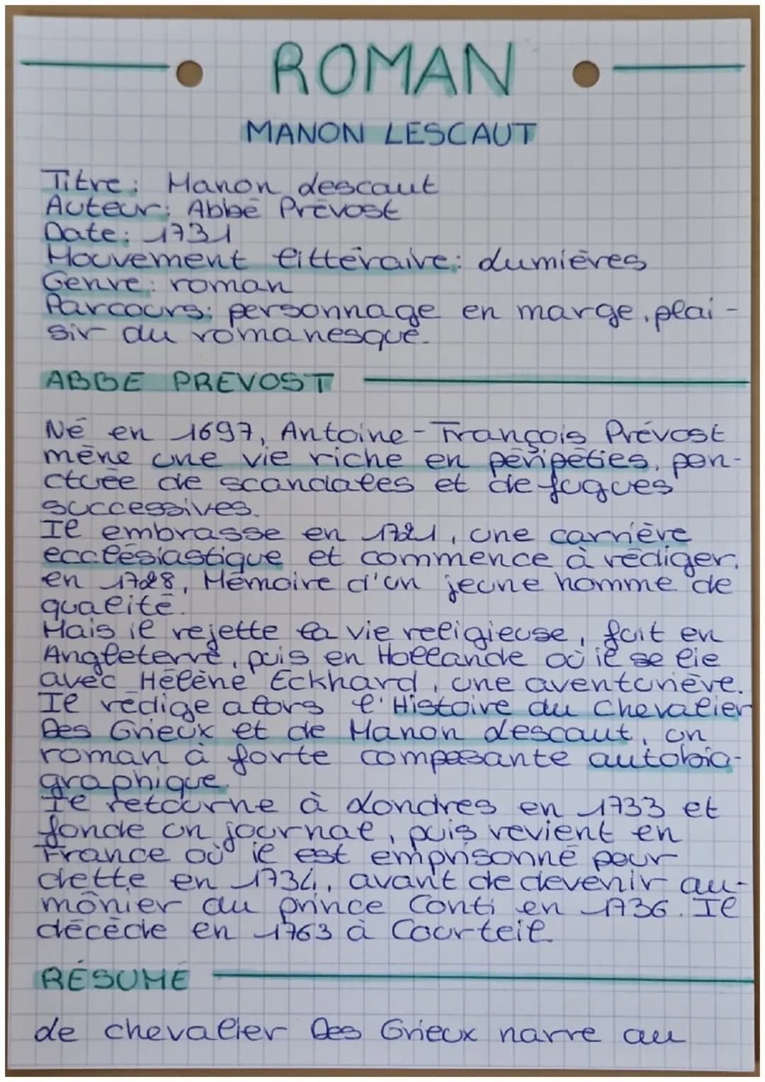 ROMAN •
MANON LESCAUT
Titre: Manon Lescaut
Auteur: Abbe Prevost
Date: 1731
Houvement litteraire: Lumières
Genre: roman
Parcours: personnage 