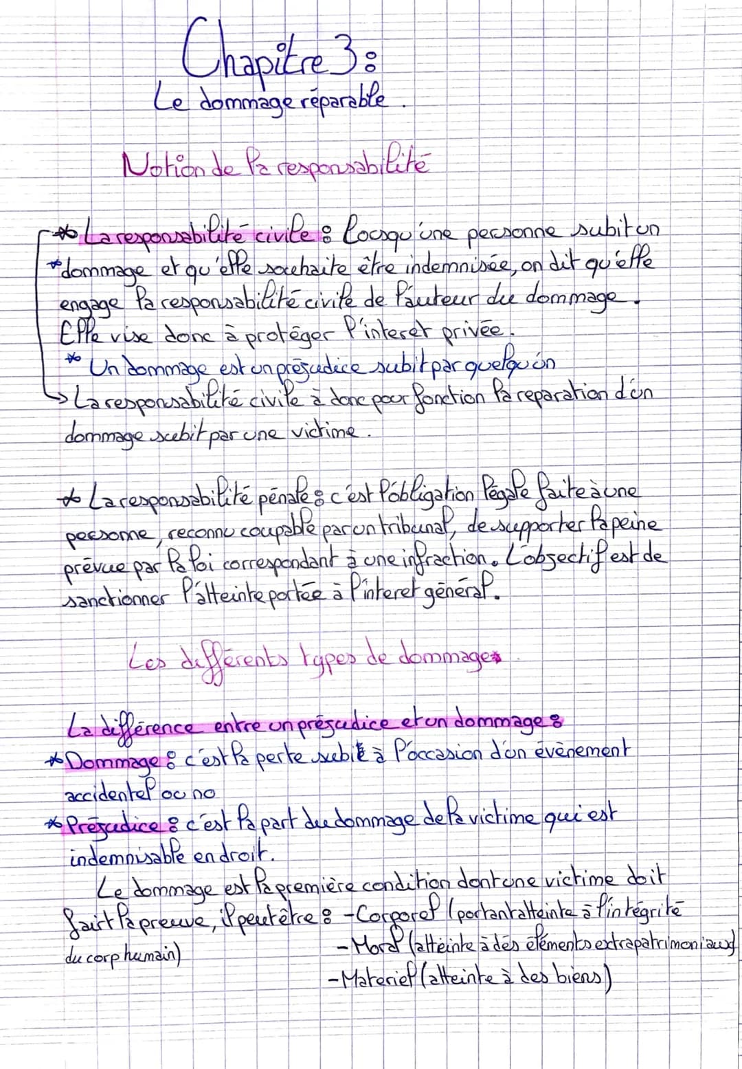 Chapitre 3
Le dommage réparable
Notion de la responsabilité
-* La responsabilité civile: lousqu'une personne subiton
* dommage et qu'elle so
