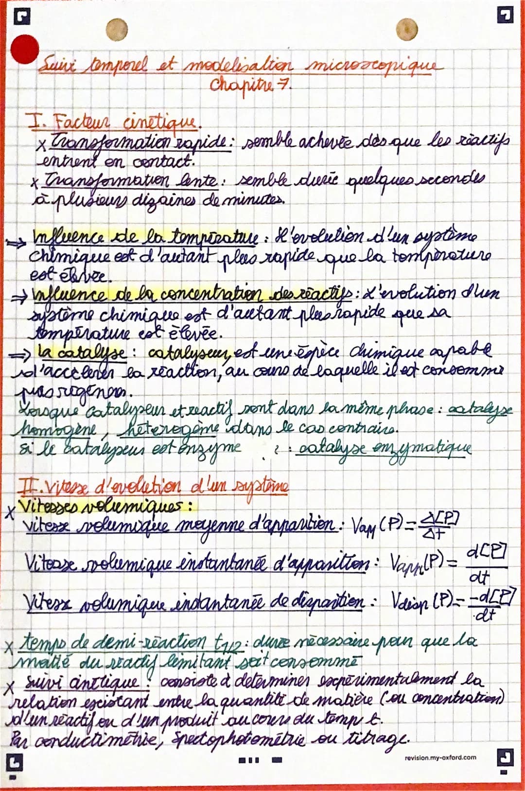 Suive temporel et modelisaltion microscopique
chapitre 7.
I. Facteur cinetique.
x Transformation rapide: semble achevée dès que les reactifs