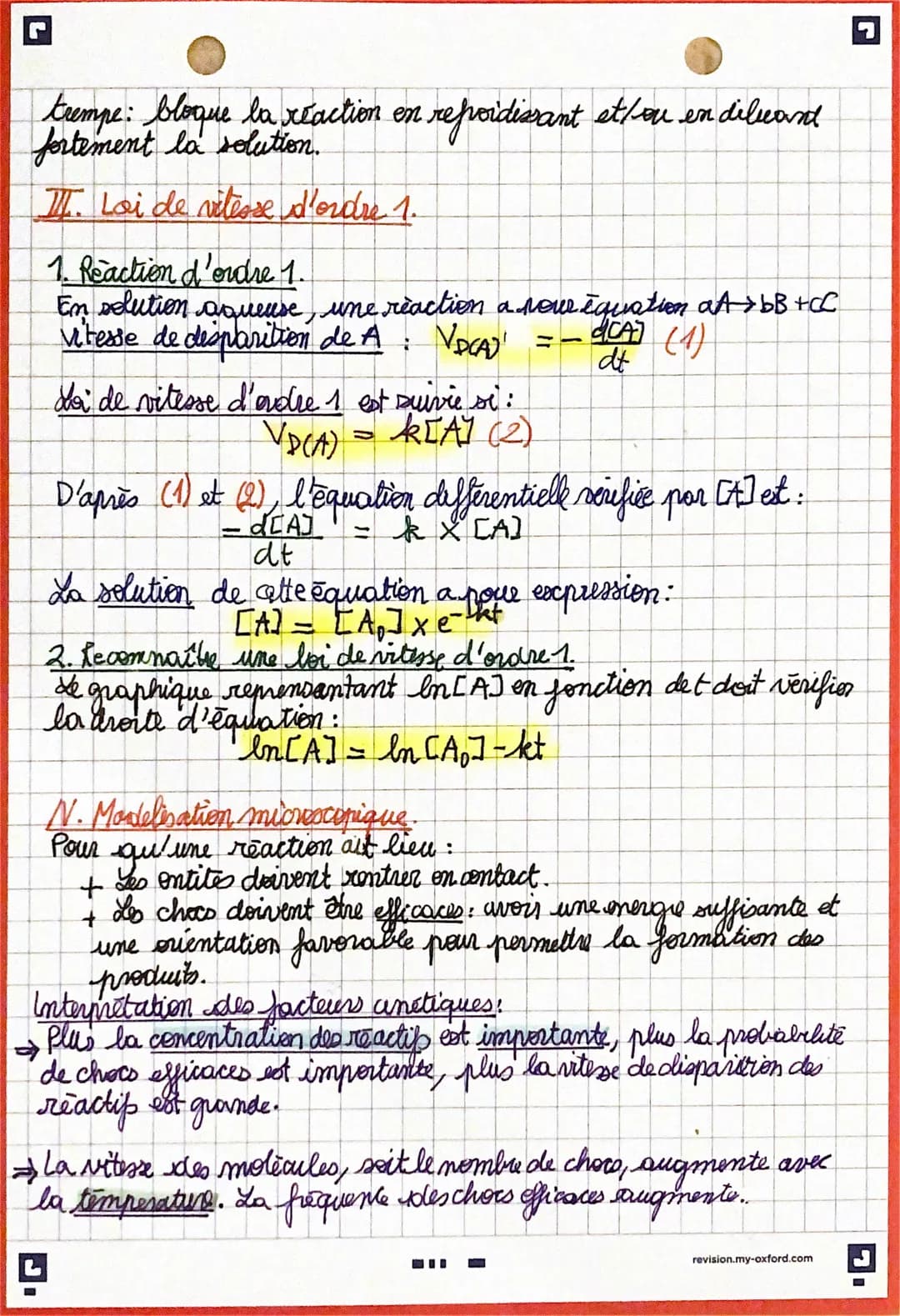 Suive temporel et modelisaltion microscopique
chapitre 7.
I. Facteur cinetique.
x Transformation rapide: semble achevée dès que les reactifs