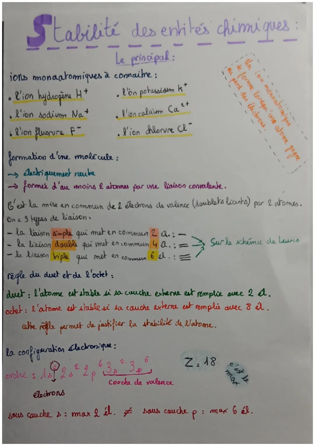 Stabilité des entités chimiques
Le principal:
ions monaatomiques à connaitre :
• l'ion hydrogène H+
• l'on potassium k*
• l'ion calaim Ca 2+