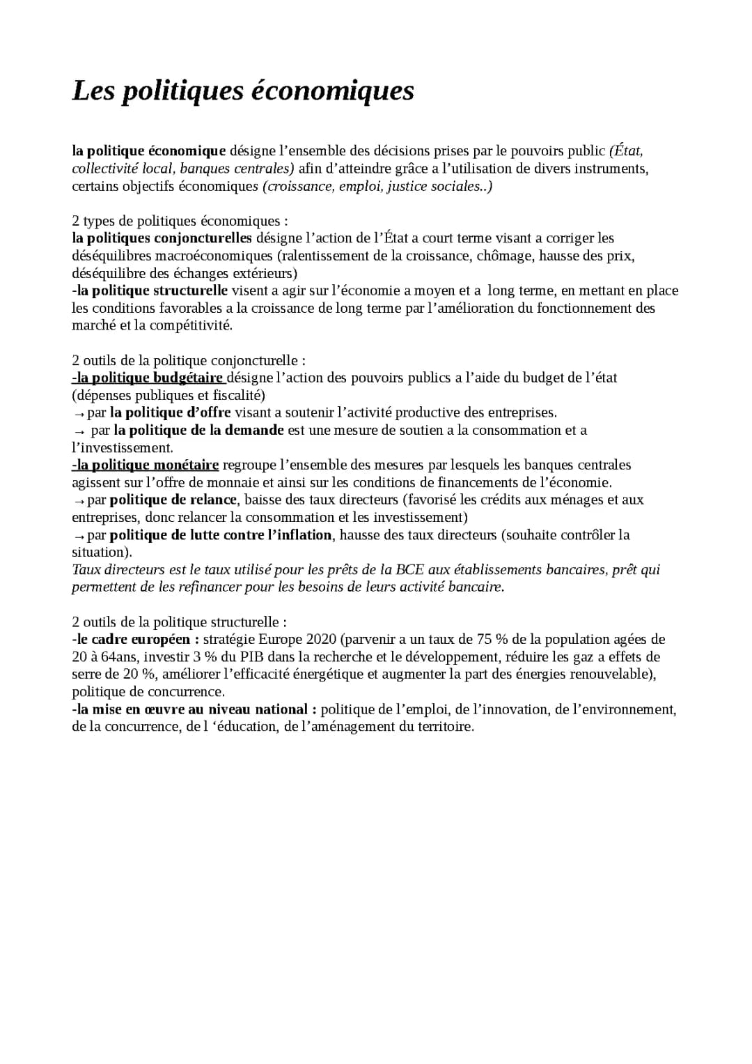 Les politiques économiques STMG