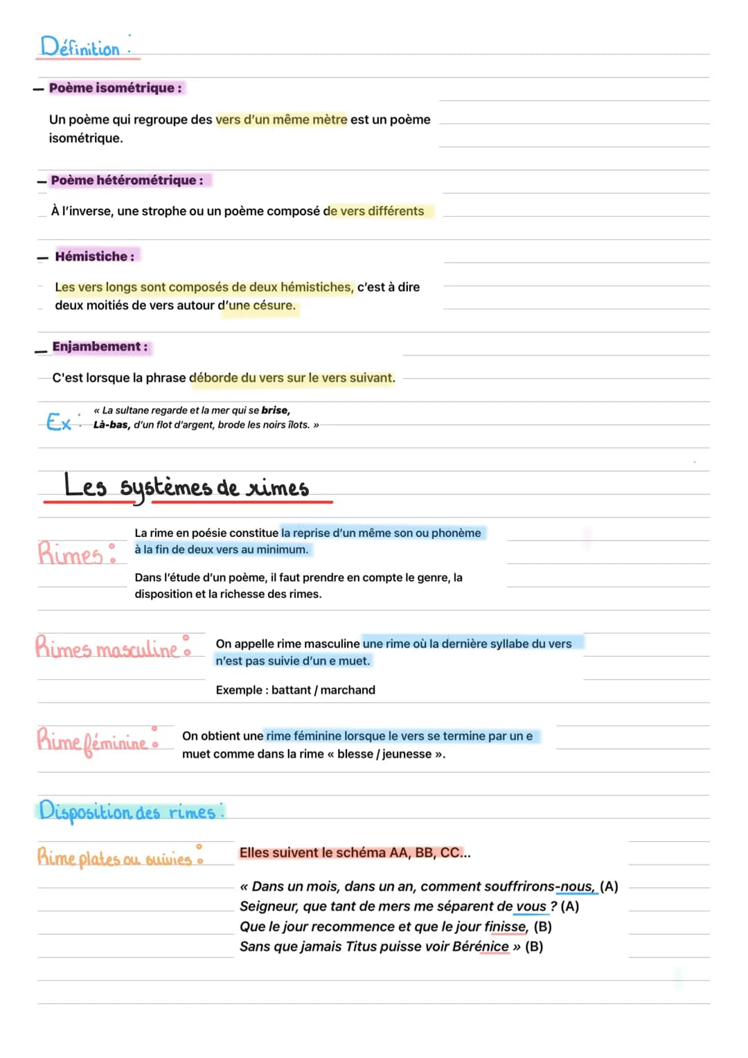 Les strophes et les vers
Strophe:
Ensemble de vers regroupés par un système de rimes et
possédant la plupart du temps une unité de temps et 